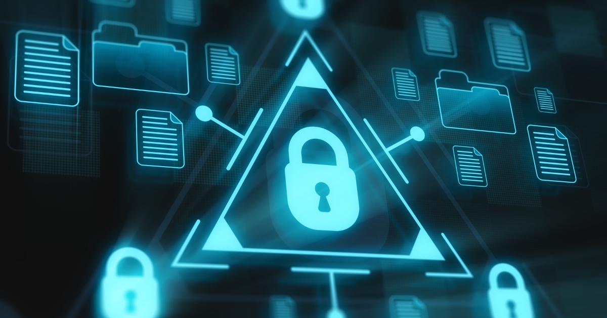 A lock icon in a triangle with files surrounding it