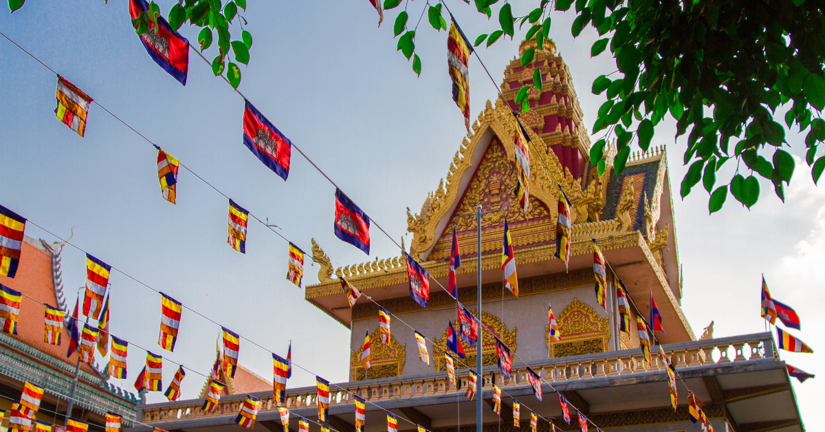 A temple surrounded by flags