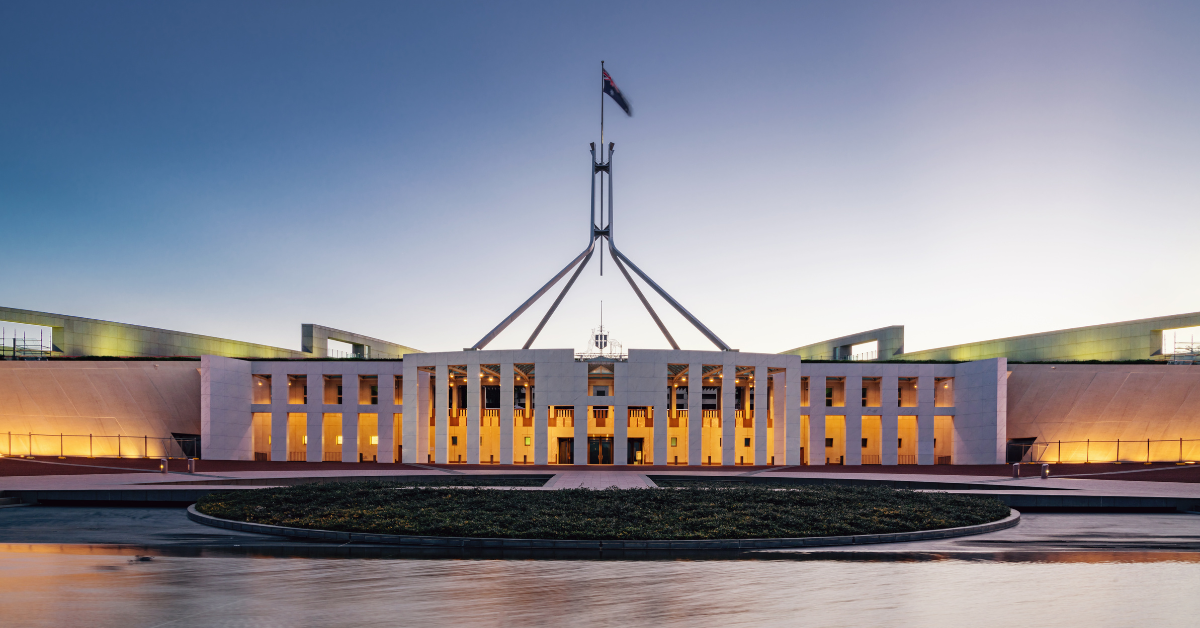 Parliament House, Canberra lit up at night
