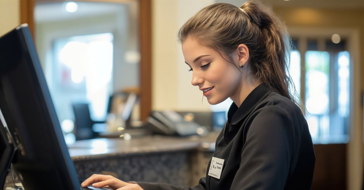 A woman at a hotel's reception desk