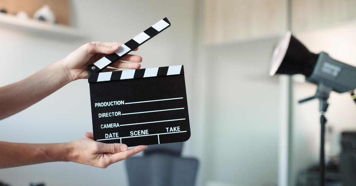 A closeup of a clapperboard