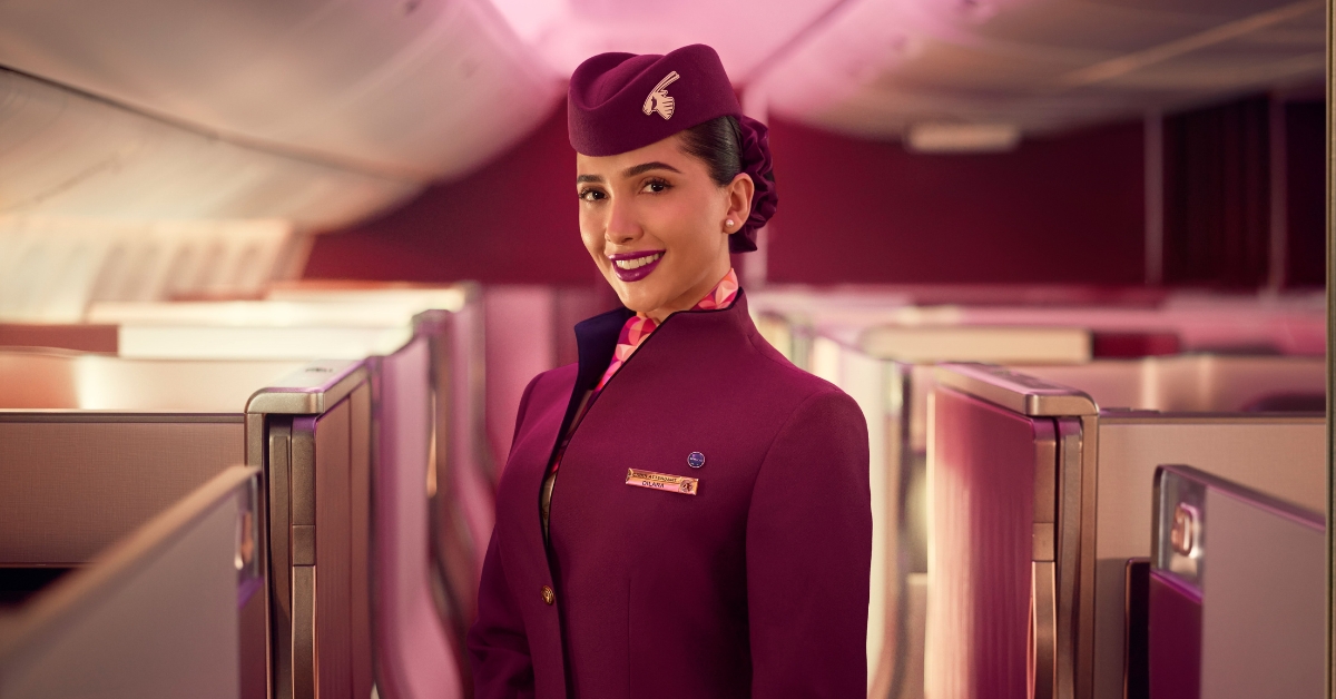 Closeup of a Qatar Airways flight attendant